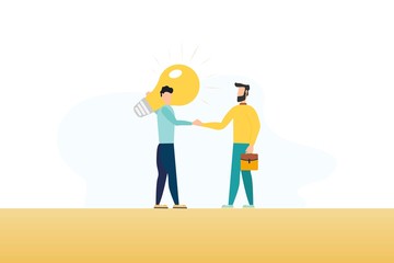 The man is holding a huge light bulb and shaking hands with a businessman with briefcase. Startup and search of investments concept. Business angel investing to innovational idea. Vector illustration.