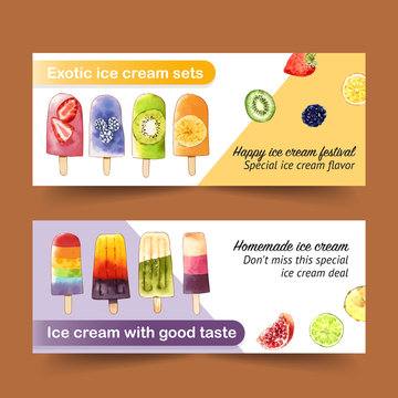 Ice cream banner design with mix fruits watercolor illustration.