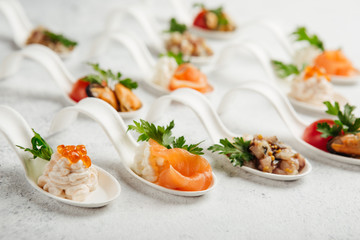 portioned snacks canapes and sandwiches with meat, cheese and vegetables