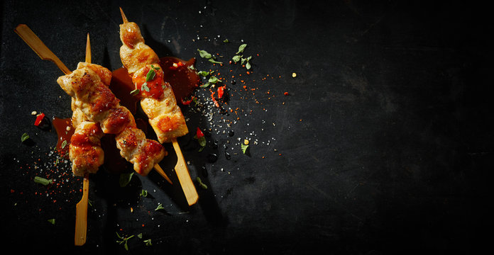 Healthy chicken breast kebabs with chili sauce