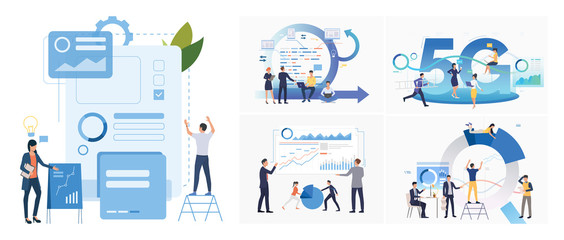 Set of presenting reports illustrations. Flat vector illustrations of professionals presenting graphs, diagrams, infographics. Business concept for banner, website design or landing web page