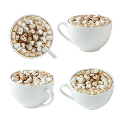 Set of white cup with hot cocoa with marshmallows isolated on white background.