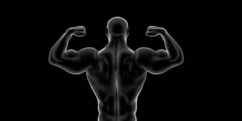 black and white muscular man with his back turned,  3d render