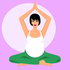 Illustration of a pregnant woman practicing yoga on a purple background