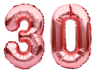 Number 30 thirty made of rose golden inflatable balloons isolated on white. Helium balloons, pink...