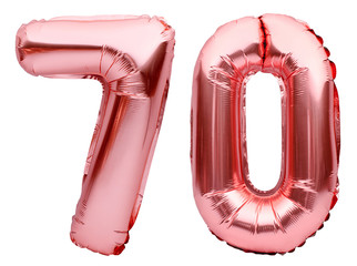 Number 70 seventy made of rose golden inflatable balloons isolated on white. Helium balloons, pink...