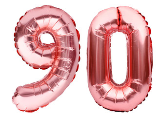 Number 90 ninety made of rose golden inflatable balloons isolated on white. Helium balloons, pink...
