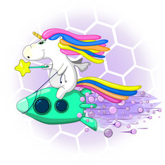 Unicorn on a rocket with a magic wand funny vector