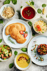 different dishes of the lean menu with cream soup and salad vinaigrette