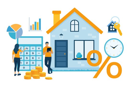 Mortgage concept. House loan or money investment to real estate. Property money investment contract. Buying Home. Man and woman calculates home mortgage rate. Vector illustration with characters.
