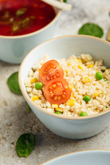 different dishes of the lean menu with cream soup and salad vinaigrette