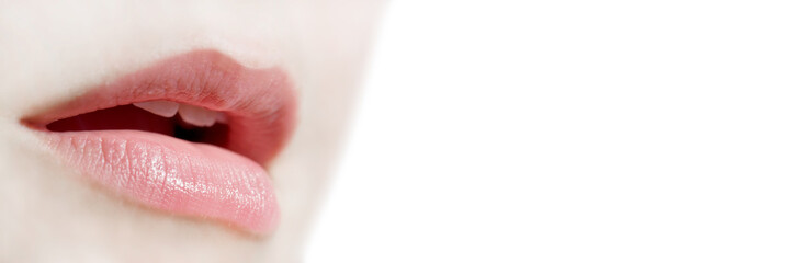 Obraz premium Girl natural lips close up on white panoramic background