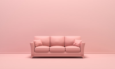 Single isolated  couch, seat, sofabed in flat monochrome pink color background, single color composition, 3d Rendering