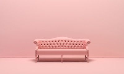 Single isolated  vintage couch in flat monochrome pink color background, single color composition, 3d Rendering