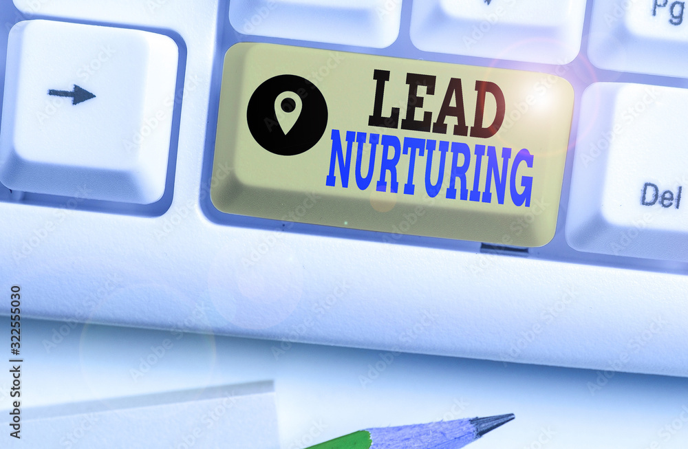 Poster writing note showing lead nurturing. business concept for method of building a relationship with pot