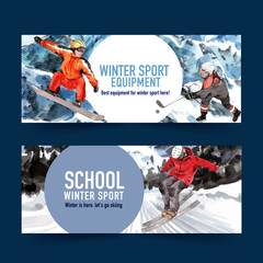 Winter sport banner design with mountain, snow, ski, hockey watercolor illustration.