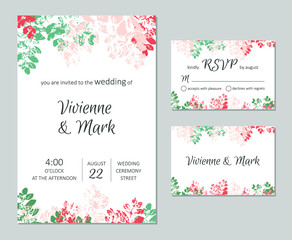 Vector wedding floral invitation. Rsvp card design set. Invitation card with leaves pattern.