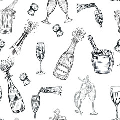 Champagne, bottle, glasses, drink vector seamless pattern on white background. Concept for menu, cards, wallpaper, wrapping paper 