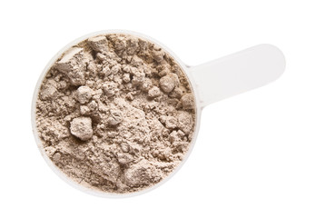 Protein powder scoop isolated. Chocolate casein supplement powder cup on white background. Sport nutrition, meal replacement drink ingredient