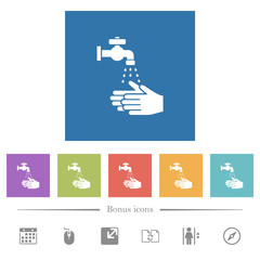 Hand washing flat white icons in square backgrounds