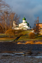 Typical Russian orthodoxal Church of the Epiphany on the Pskova river at the Kuopio park at Pskov, Russia at winter