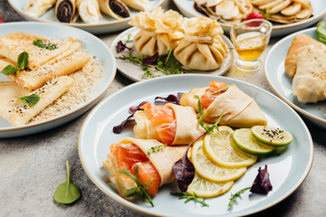 many types of pancakes with fillings in the restaurant menu