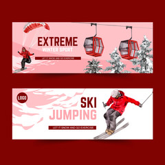 Obraz premium Winter sport banner design with sky, cabin, snow watercolor illustration.