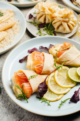 many types of pancakes with fillings in the restaurant menu