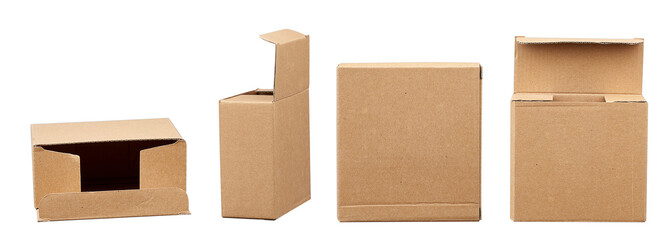 open brown square cardboard box for transporting goods isolated on white background