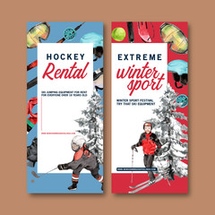 Winter sport flyer design with windproof glasses, ski watercolor illustration.