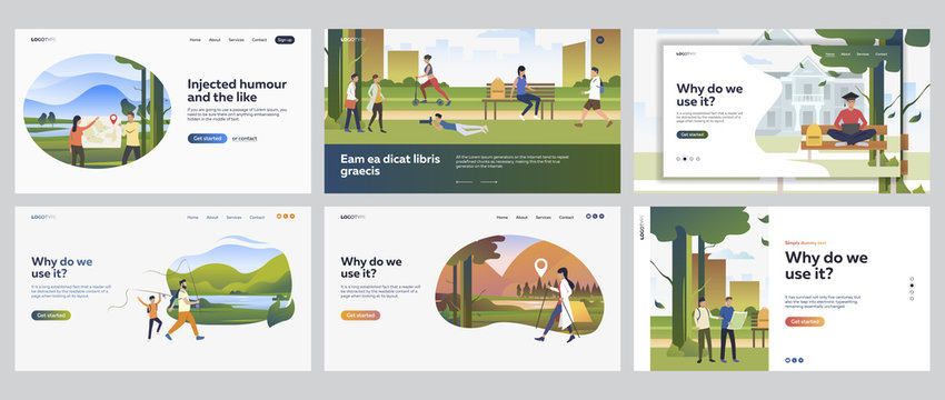 People spending weekend outdoors set. Hiking, fishing, camping, leisure in city park. Flat vector illustrations. Active lifestyle, recreation concept for banner, website design or landing web page