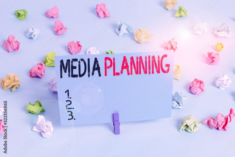 Poster writing note showing media planning. business concept for the process of identifying and selecting m