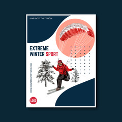 Winter sport poster design with pine tree, sky, skate watercolor illustration.