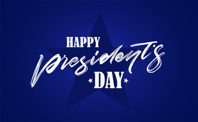 Vector illustration: Calligraphic handwritten lettering composition of Happy Presidents Day on blue background.