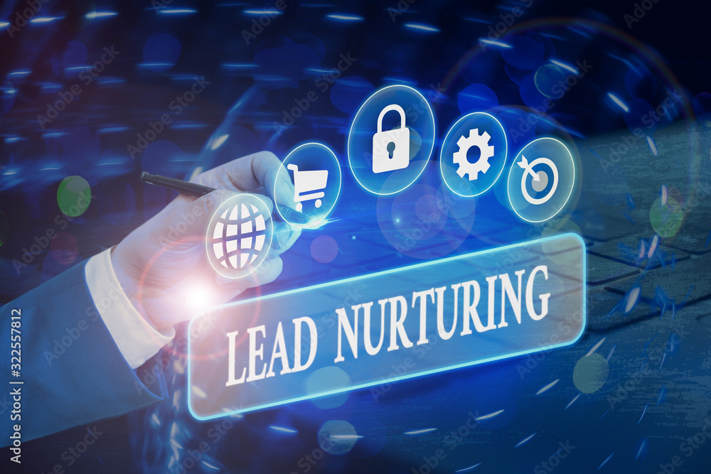 Poster writing note showing lead nurturing. business concept for method of building a relationship with pot