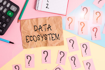 Word writing text Data Ecosystem. Business photo showcasing collection of infrastructure used to capture and analyze data Mathematics stuff and writing equipment above pastel colours background
