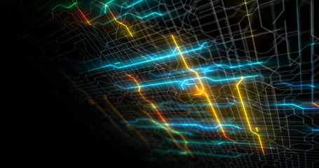 Circuit board, Motherboard, Digital chip. Tech science background. Integrated communication processor. Information engineering component with bokeh. 3D Render computer hardware technology