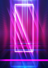 Dark abstract futuristic background. The geometric shape of the rectangle in the middle of the scene. Neon blue-pink rays of light on a dark background