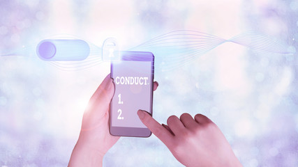 Writing note showing Conduct. Business concept for manner in which an organization or activity is...