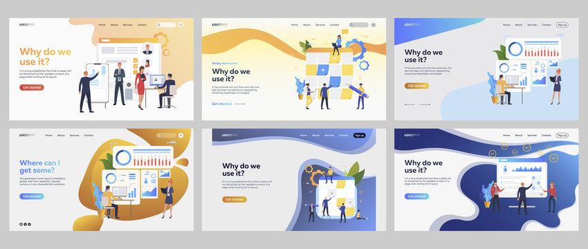 Business strategy set. Professional brainstorming at task board, presenting charts. Flat vector illustrations. Management, planning concept for banner, website design or landing web page