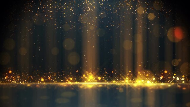 Gold Glitter Particles with Light Glow  bokeh on Abstract Luxury Background.