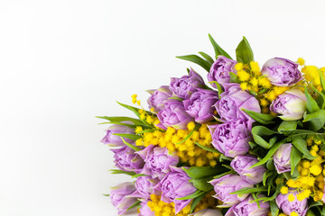 Bouquet of lilac tulips and yellow mimosas on white background, copy space, side view, closeup. March 8, February 14, birthday, Valentine's, Mother's, Women's day celebration, spring concept