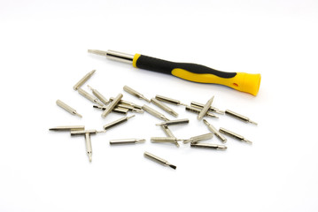 Screwdriver and bits are isolated on the white backround.