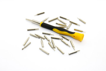 Screwdriver and bits are isolated on the white backround.