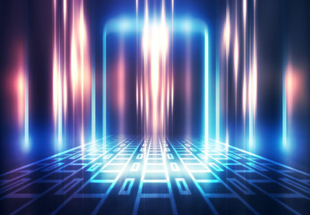 Obraz premium Dark abstract futuristic background. The geometric shape of the rectangle in the middle of the scene. Neon blue-pink rays of light on a dark background
