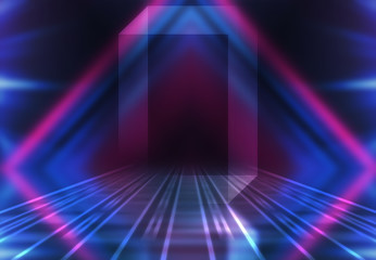 Abstract dark background of an empty scene with ultraviolet light. A neon light figure in the...