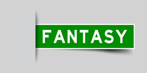Label sticker green color in word fantasy that inserted in gray background