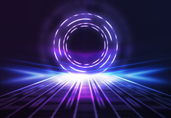 Dark abstract futuristic background. The geometric shape of the cyber circle in the middle of the scene. Neon blue-pink rays of light on a dark background