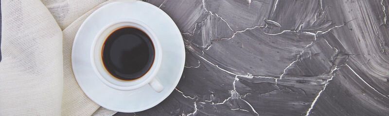Banner of Two white cups of espresso on grey grunge background.