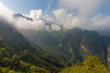 Mountain with fall autumn colors trees - gold, orange, red and green